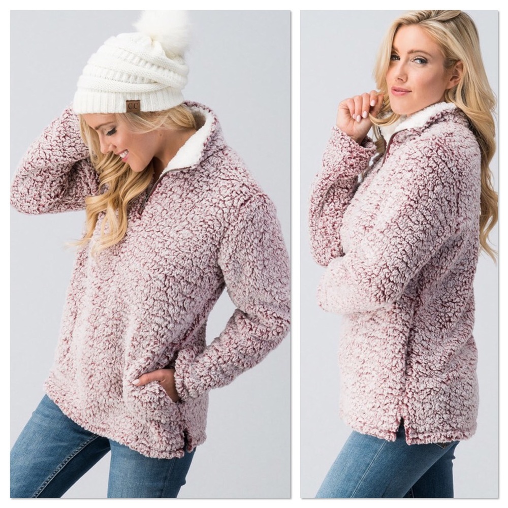 Wine Faux Sherpa Pullover - Picture 3 of 8